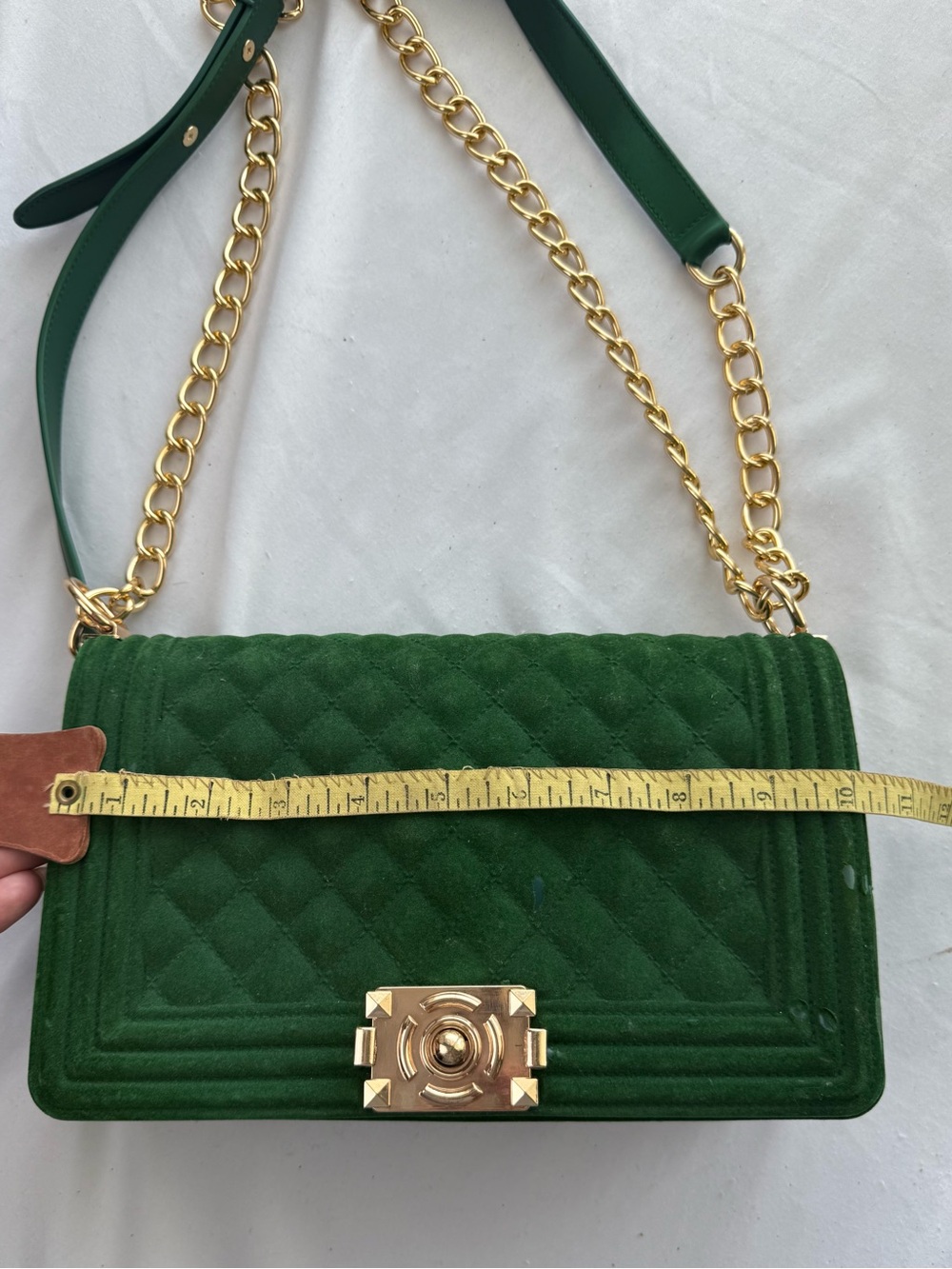 Quilted Green Velvet Chain Shoulder Bag Gold Hardware Push Buckle Closure - Picture 8 of 11